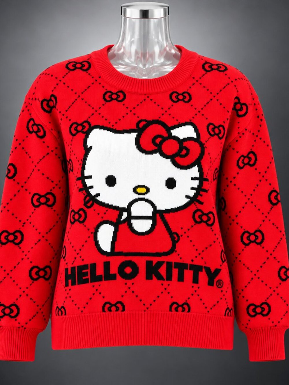 Hello Kitty by Sanrio Red Bow Diamond Graphic Knit Crewneck Sweater